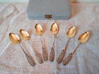 Vintage kukka kahvilusikka hopea 6 kpl laatikossa  