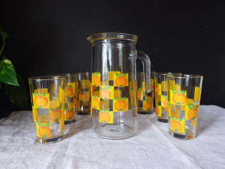 Retro oranssi appelsiini mehukannu ja lasi 6 kpl