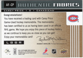 2011-12 SP Game Used Authentic Fabrics Gold #AFCPc Carey Price VAR: R
