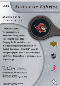 2005-06 SP Game Used Authentic Fabrics #AFHA Dominik Hasek