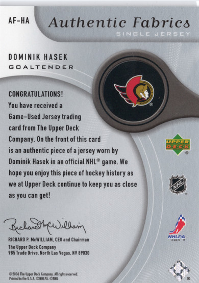 2005-06 SP Game Used Authentic Fabrics #AFHA Dominik Hasek