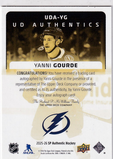 2025-26 SP Authentic - UD Authentics Autographs  #UDA-YG - Yanni Gourde AU