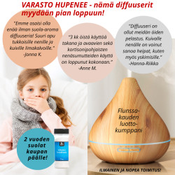 Flunssakauden luottokumppani suola-aroma diffuuseri (Harmony Wood). Saat nyt 2 vuoden suolat kaupan päälle!!