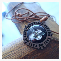 Owl Pendant, round, woodbackround decor
