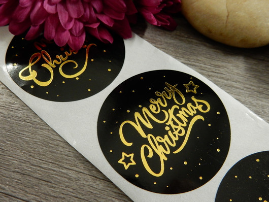 Merry christmas tarra, 38mm, kulta/musta, 10kpl