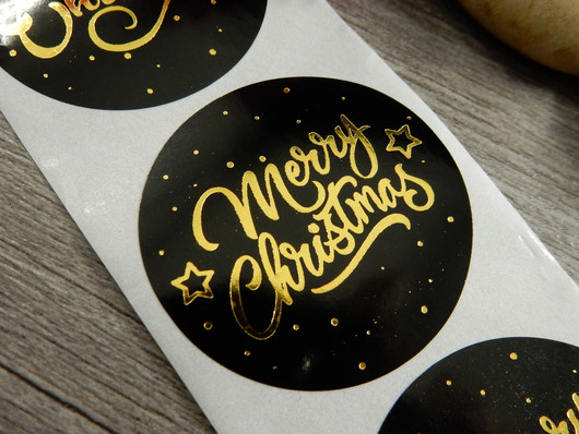 Merry christmas tarra, 38mm, kulta/musta, 10kpl