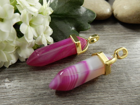 Kristalliriipus raita-akaatti, 38x12mm, kulta/pinkki, 1kpl