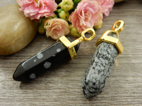 Kristalliriipus lumihiutale obsidiaani, 38x12mm, kulta/musta-harmaa, 1kpl