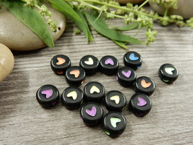 Akryylihelmi sydän, 7mm, musta/mix setti, 20kpl