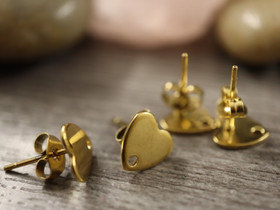 Korvakorutappi+lukko sydän, 8x10mm, kulta/rst, 1pari