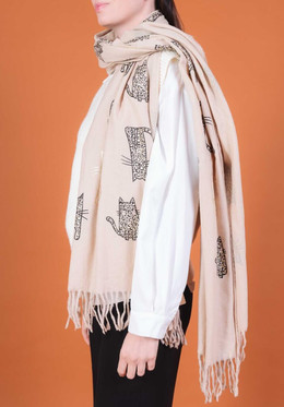 Kissahuivi hapsuilla isot kissat beige