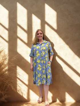 Mira pellavamekko sitruuna farkunsininen