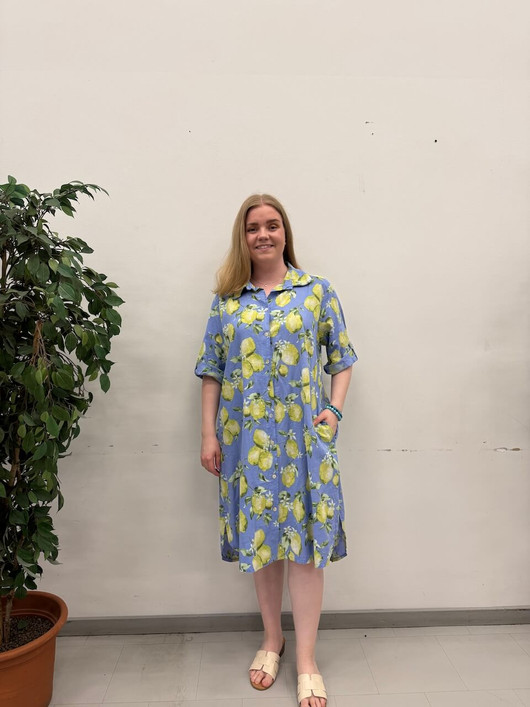 Mira pellavamekko sitruuna farkunsininen