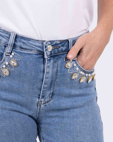 Joustavat siniset strech timantti/helmi koristellut farkut.