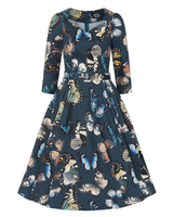 Bambi Perhonen, sininen hihallinen kellomekko. Myäs pluskoot.