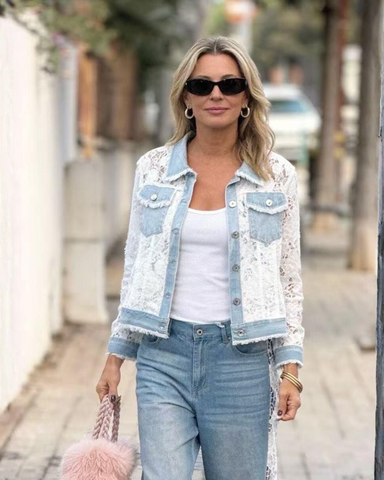 Romanttinen pitsitakki, farkku yksityiskohdilla