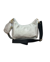 Tyylikäs pieni käsilaukku olkahihnalla, ruusukulta ja hopea