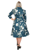  Petal, Tumma petroolin sävyinen hihallinen kellomekko. Plus koot 