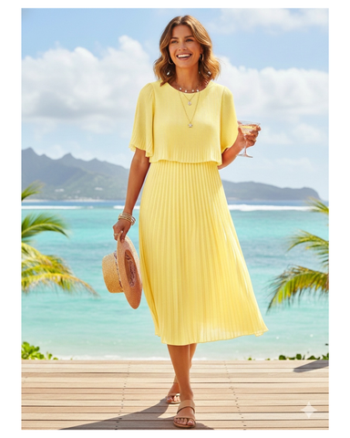 Pitkä pliseerattu lyhythihainen mekko. Upeat kesävärit!