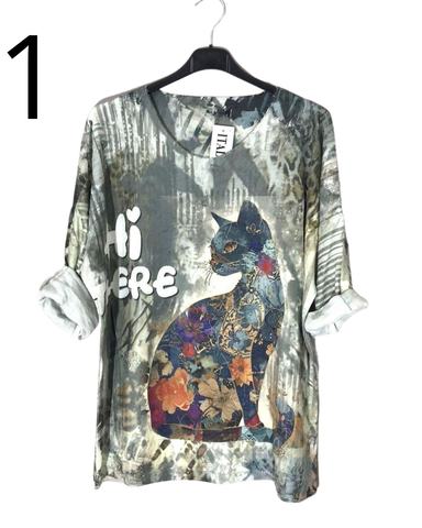 Printtikuvioinen luonnonmateriaali. Hienoneuleinen paita, yhden koon