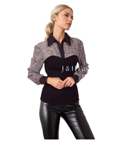 Leopardi kauluspusero. Läpikuultava kimaltava yläosa