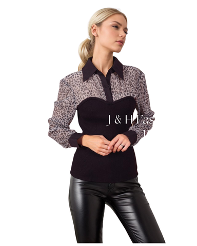 Leopardi kauluspusero. Läpikuultava kimaltava yläosa