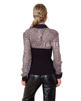 Leopardi kauluspusero. Läpikuultava kimaltava yläosa