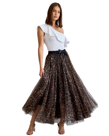 Upea beige leopardikuosinen pitkä tyllihame