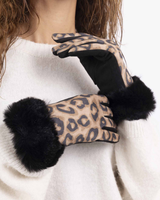 Leopardikuosi kosketusnäyttökäsineet karvareunalla,musta ja beige