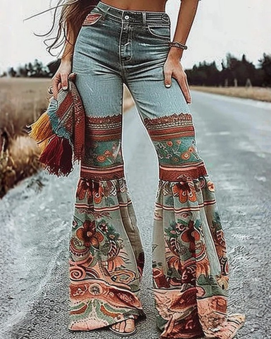 Retro Boho -Korkeavyötäröiset Leveälahkeiset Farkut. 