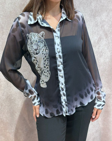 Läpikuultava paitapusero, bling lumileopardi