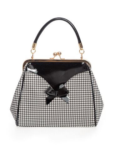 Marilyn. Mustavalkoinen rusetti käsilaukku-Kukonaskel kuviolla 