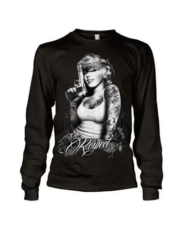 Marilyn musta pitkähihainen t paita, RESPECT. Reilut unisex koot.