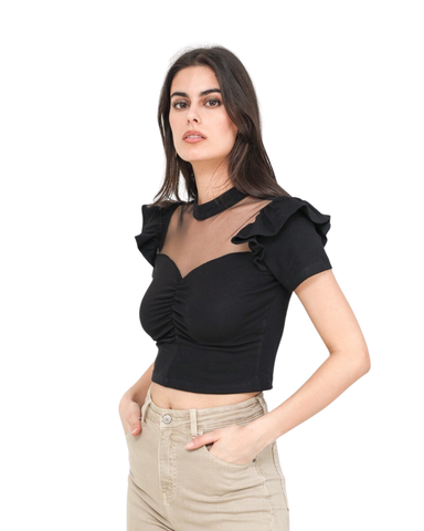 Tyylikäs musta toppi tylli- ja rypytysyksityiskohdilla