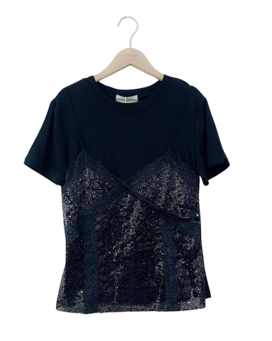 Lyhythihainen pusero jossa paljettitoppi etu-osa. Kaksi kokoa