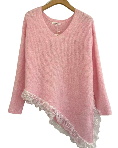 Vinohelmainen vaaleanpunainen neulepusero pitsihelmalla. One Size