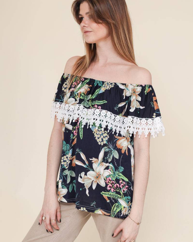 off shoulder pitsikoristeiset printtipuserot. Yhden koon 38–44.