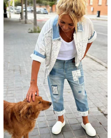  Boyfriend farkut kuvioitu kontrastikangas koristeena, Over size.