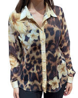 Läpikuultava paitapusero, mustaruskeabeige leopardi. Kukat