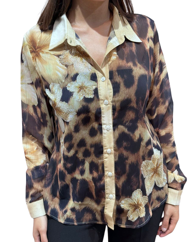 Läpikuultava paitapusero, mustaruskeabeige leopardi. Kukat