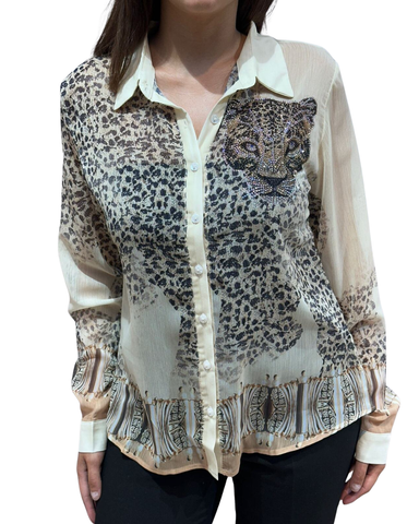 Läpikuultava paitapusero, bling beige leopardi