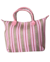 Raidallinen säkkikankainen Käsi/olkalaukku. Vaaleanpunainen ja sininen