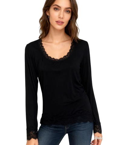 Pitkähihainen Pitsikoristeinen pukeutumispusero, eri värejä