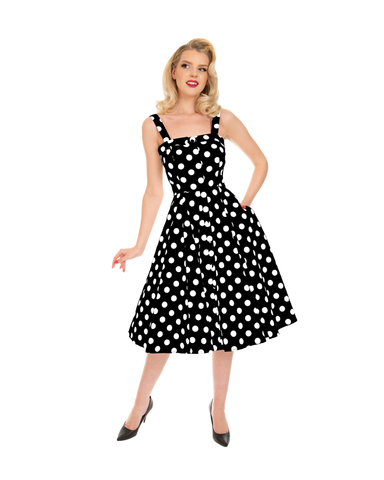 Priscila. Mustavalkoinen polkadot kellomekko