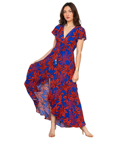 Saija mekko<3 Perhoshihallinen maksimekko,sininen,punainen lehtikuvio!