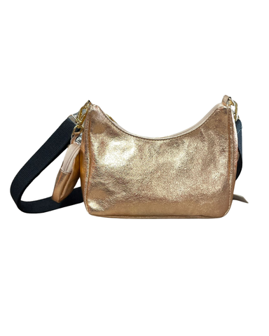 Tyylikäs pieni käsilaukku olkahihnalla, ruusukulta ja hopea