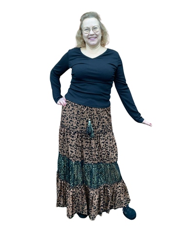 Ruskea leopardi kuosinen pitkä salsahame