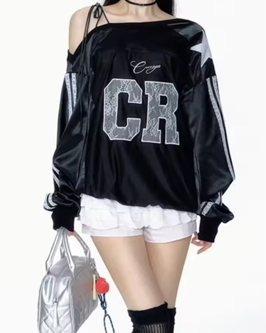 Musta ylellinen ja rock sporttisatiini pusero, yksi koko