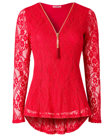 Tunikamallinen punainen pitsipusero. Lisää tulossa!