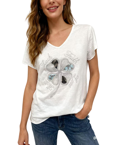 Valkoinen glitter neliapila T paita. One size